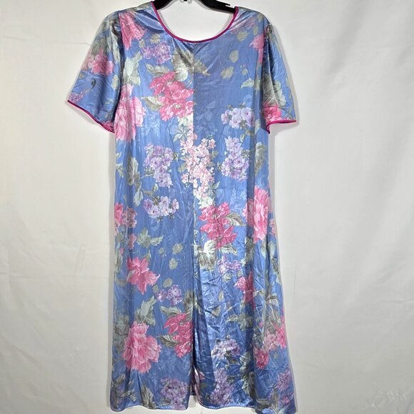 VTG Lorraine Nightgown Housedress SZ XL Blue Floral Short Sleeve V Neck Silky - Picture 2 of 8